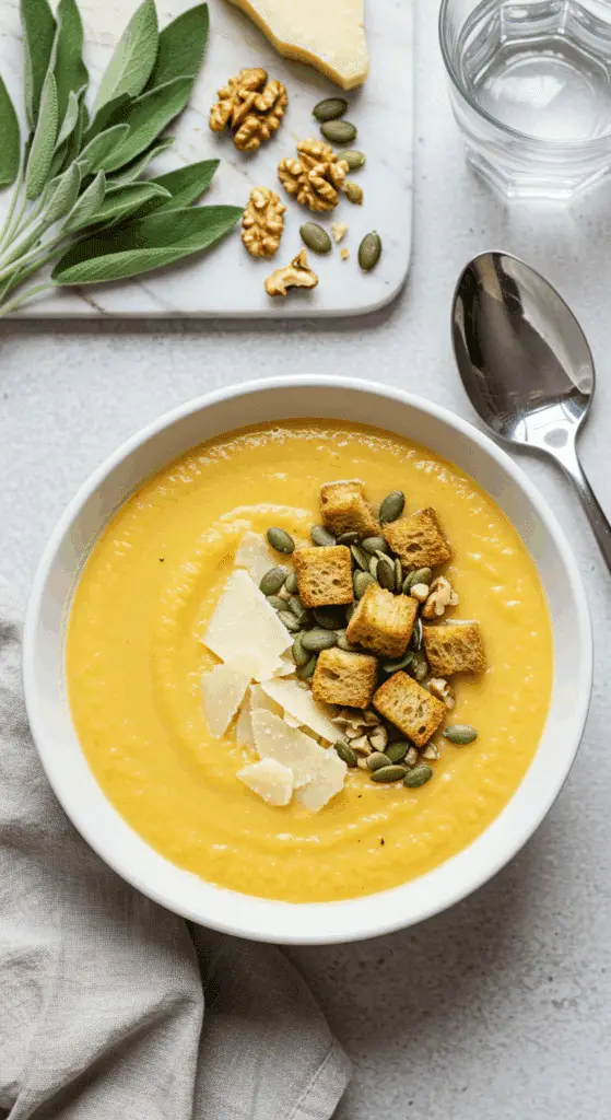 Soupe de céleri-rave et carotte veloutée avec granola salé croustillant et copeaux de parmesan