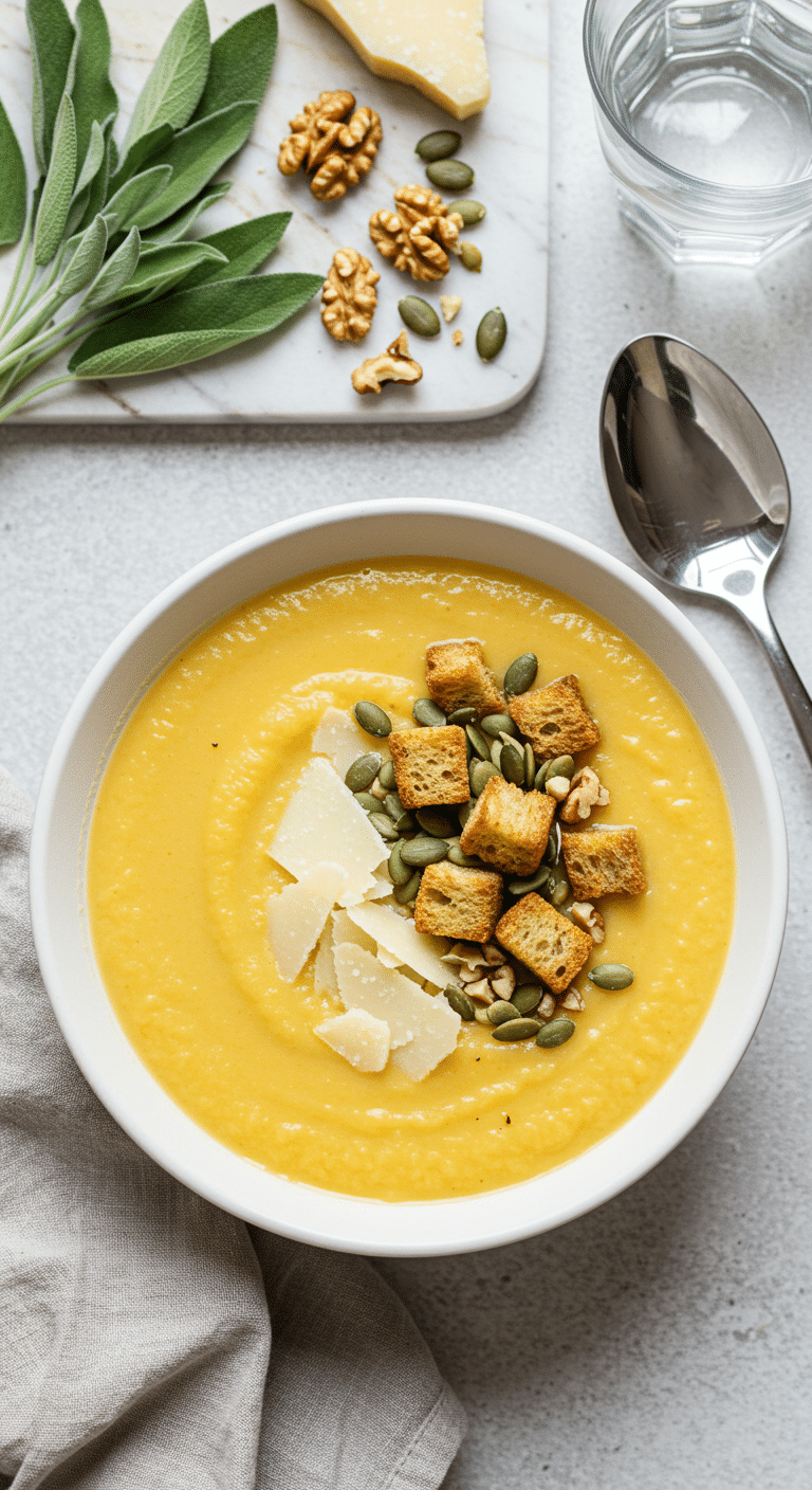 Soupe de céleri-rave et carotte veloutée avec granola salé croustillant et copeaux de parmesan