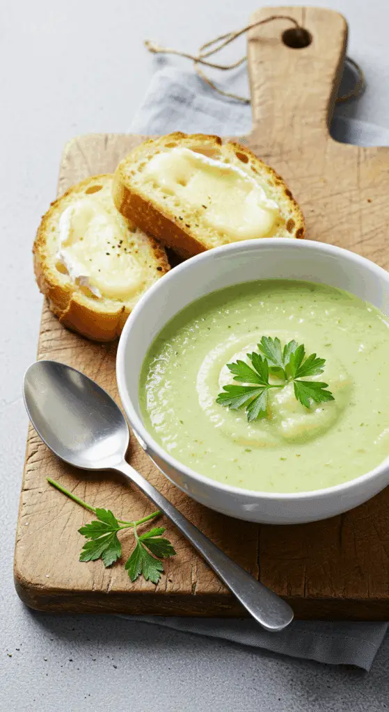 Soupe cerfeuil tartines brie élégante française vert pâle raffinée