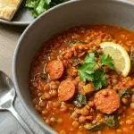 Soupe citronnée lentilles chorizo nutritive bol rustique fumante
