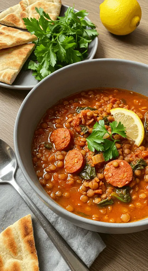 Soupe citronnée lentilles chorizo nutritive bol rustique fumante