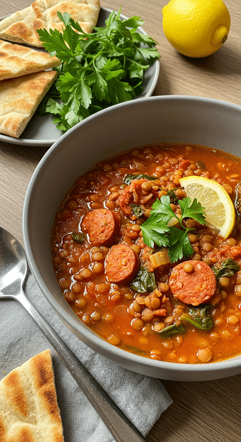 Soupe citronnée lentilles chorizo nutritive bol rustique fumante