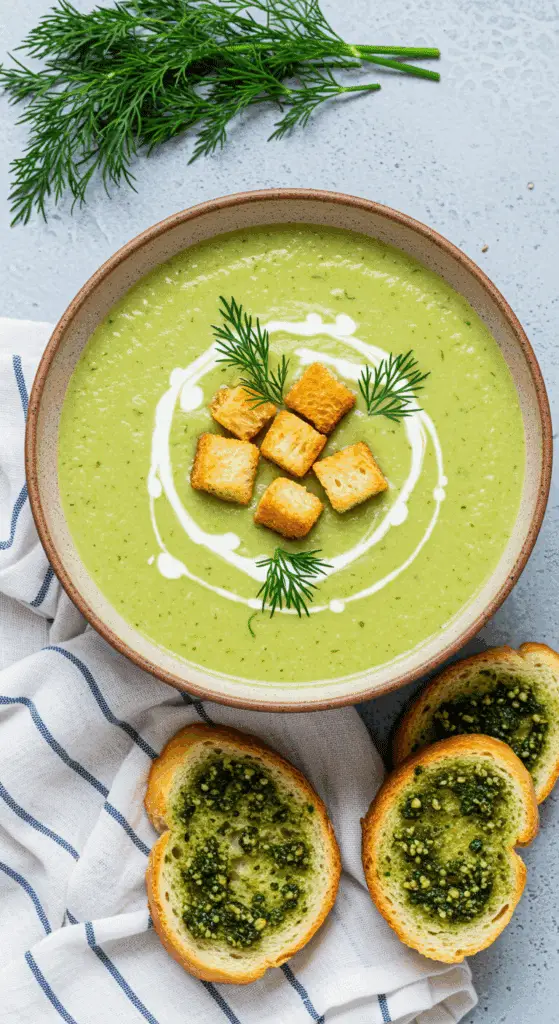 Soupe courgette aneth crème verte crémeuse yaourt grec croûtons