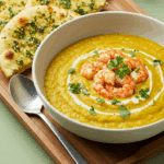 Soupe lentilles corail crémeuse avec crevettes dorées et huile coriandre fraîche