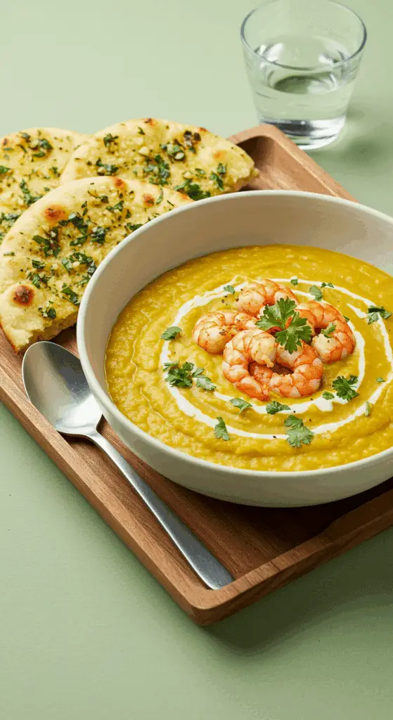Soupe lentilles corail crémeuse avec crevettes dorées et huile coriandre fraîche