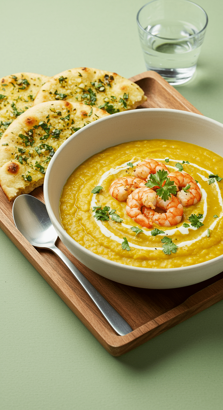 Soupe lentilles corail crémeuse avec crevettes dorées et huile coriandre fraîche