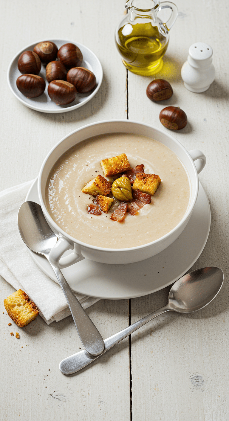 Soupe marrons lardons fumés crémeuse bol rustique automne