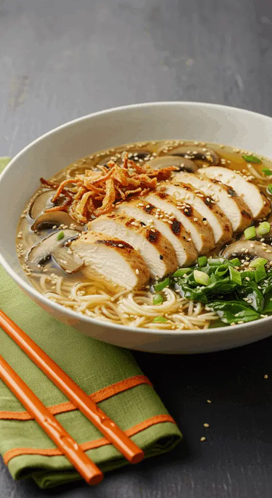 Soupe façon Miso Ramen poulet fumante bol nouilles légumes garnitures