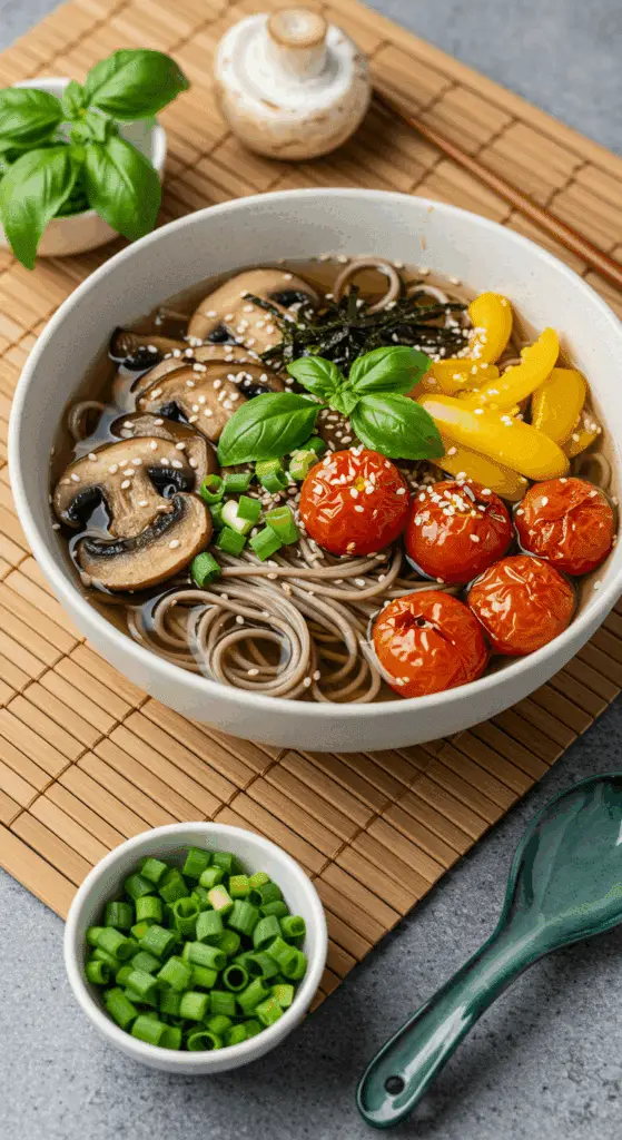 Soupe nouilles soba champignons japonaise authentique bol fumant