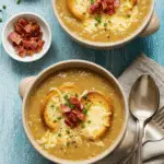 Soupe oignon gratinée fromage emmental fondu doré croûtons aillés bol bistrot