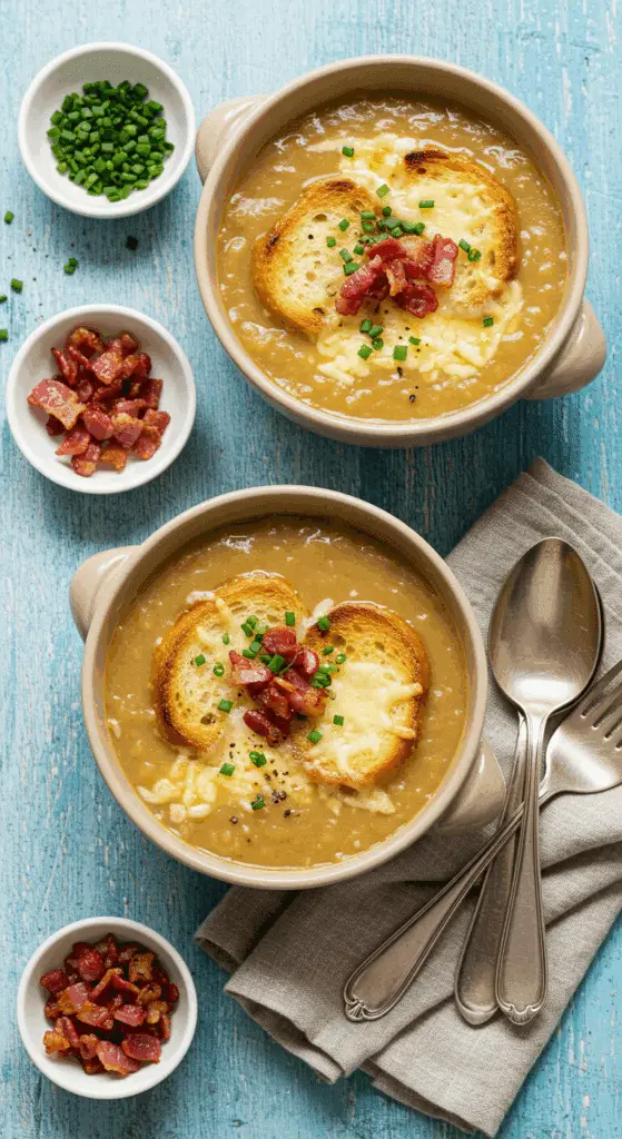 Soupe oignon gratinée fromage emmental fondu doré croûtons aillés bol bistrot
