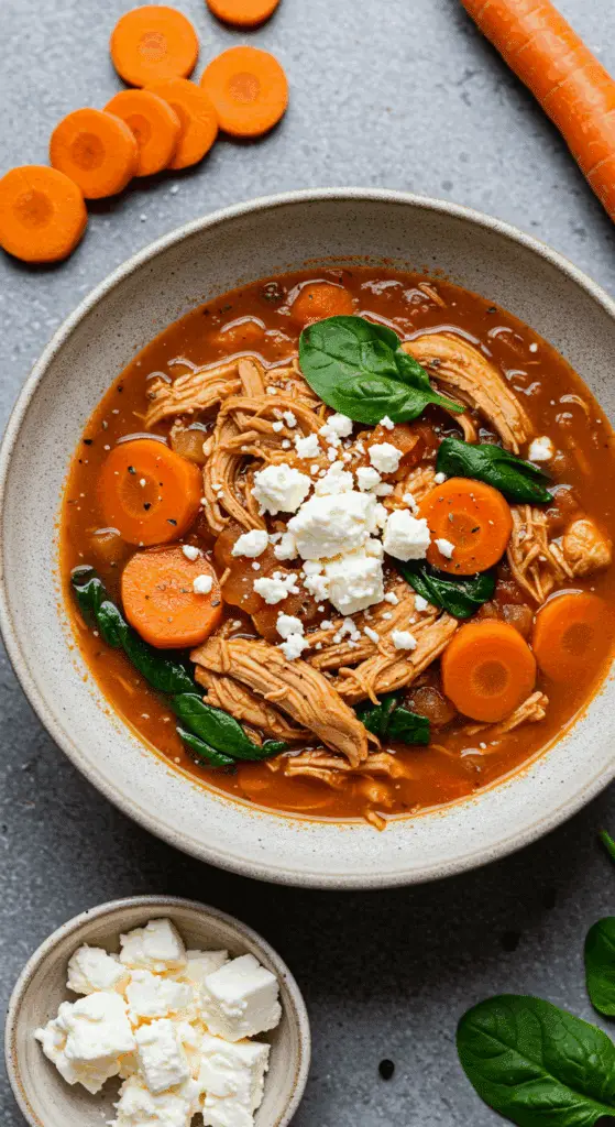 Soupe orientale poulet effiloché méditerranéenne épicée fromage grec