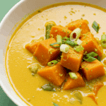 Soupe patate douce lait coco garam masala crémeuse orange bol garnitures