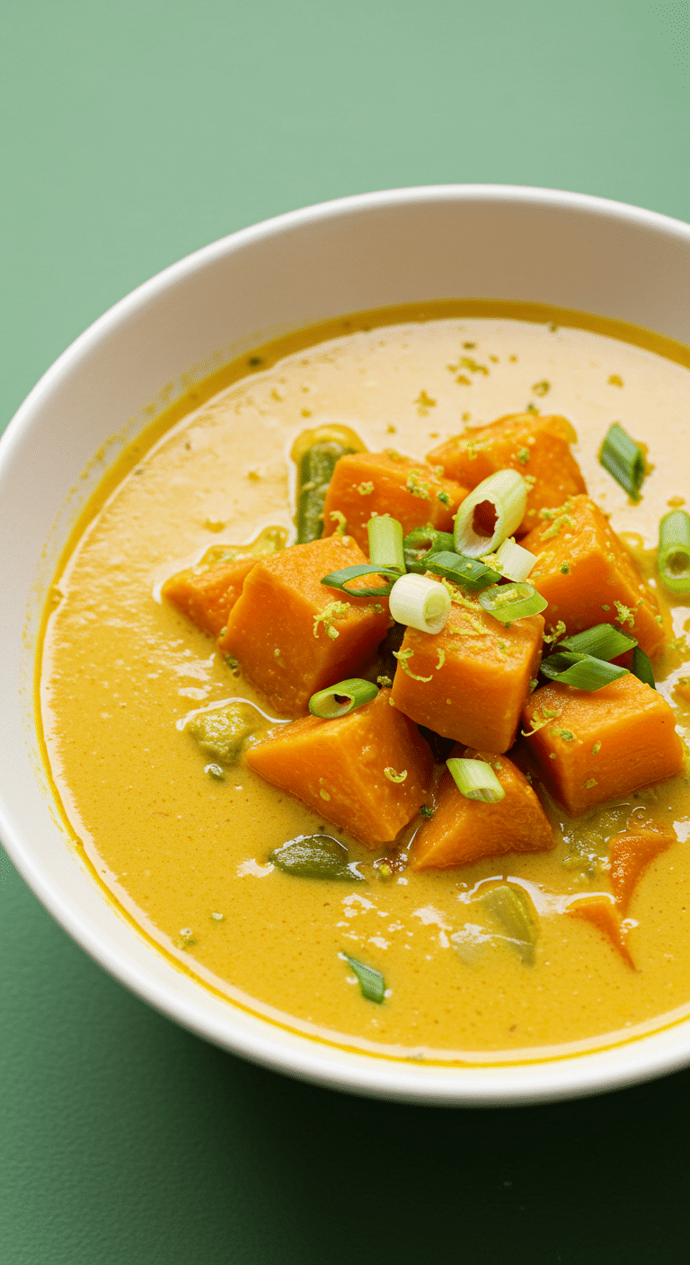 Soupe patate douce lait coco garam masala crémeuse orange bol garnitures