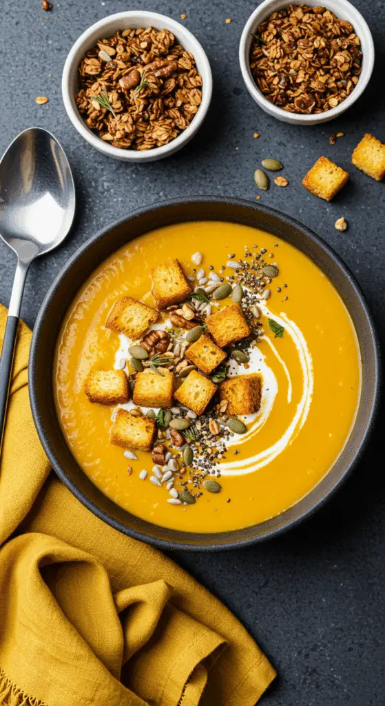 Soupe de potimarron onctueuse avec granola maison croquant et yaourt grec