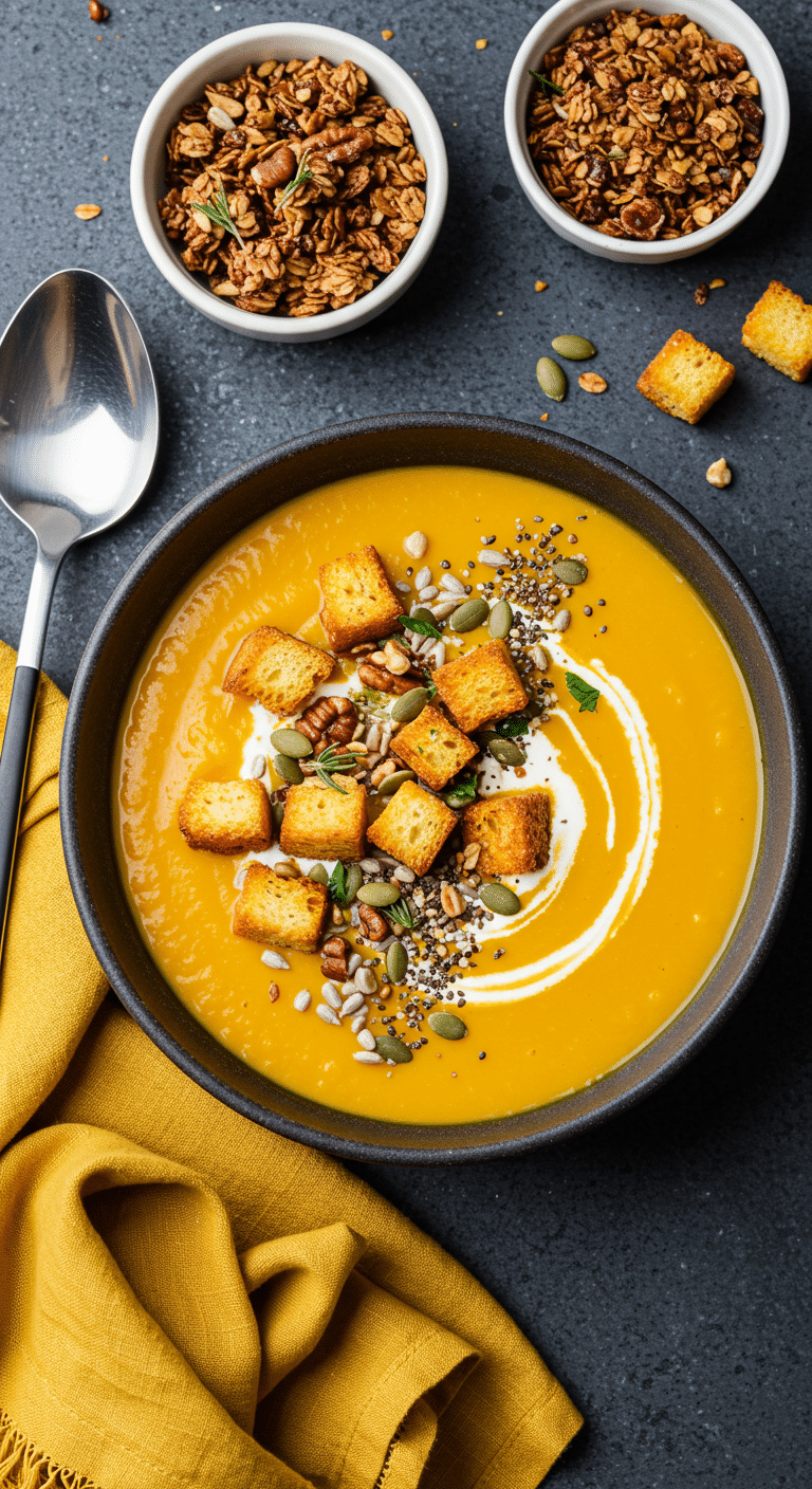 Soupe de potimarron onctueuse avec granola maison croquant et yaourt grec