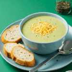 Soupe réconfortante brocoli gouda crémeuse verte fromage fondu bol pain