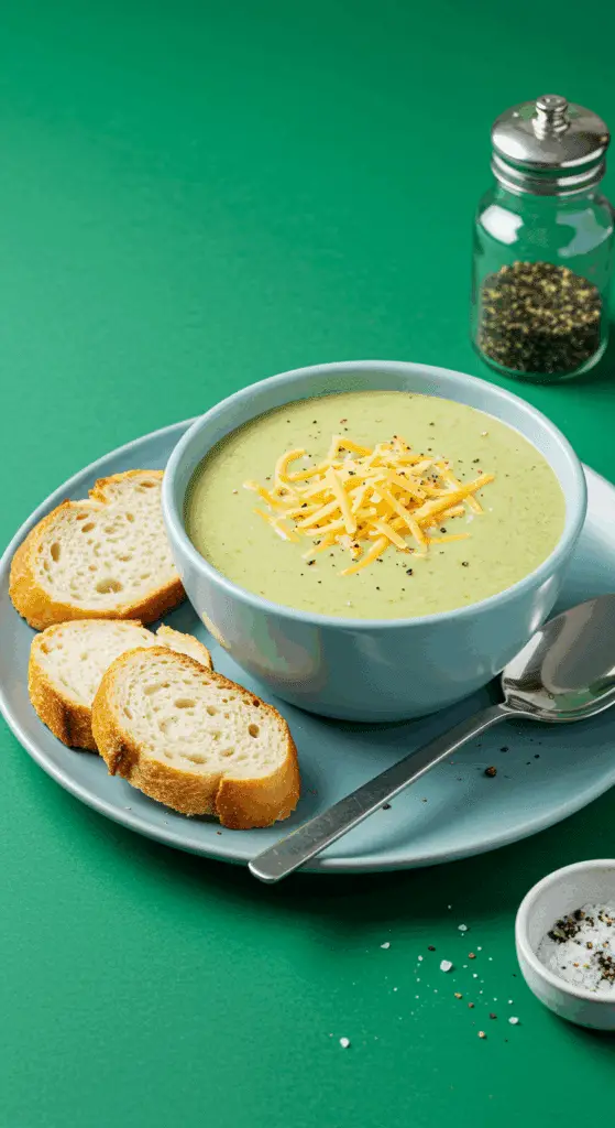 Soupe réconfortante brocoli gouda crémeuse verte fromage fondu bol pain