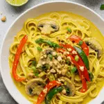 Soupe thaï aux nouilles de riz et citronnelle avec lait de coco et légumes colorés SEO