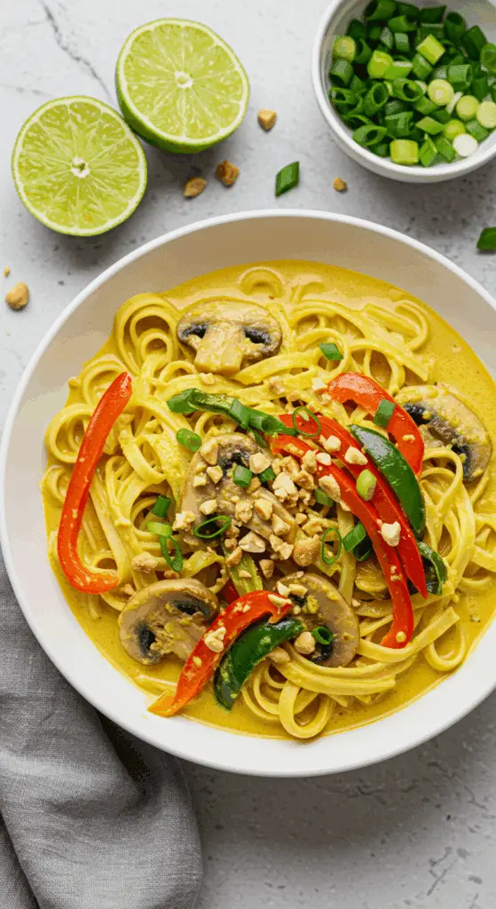 Soupe thaï aux nouilles de riz et citronnelle avec lait de coco et légumes colorés SEO
