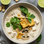 Soupe Tom Kha au tofu authentique avec lait de coco crémeux et aromates thaïlandais