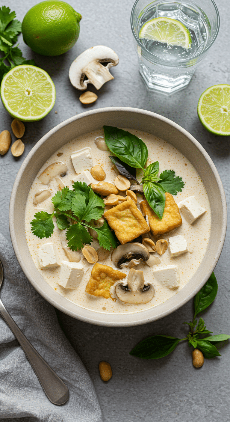 Soupe Tom Kha au tofu authentique avec lait de coco crémeux et aromates thaïlandais