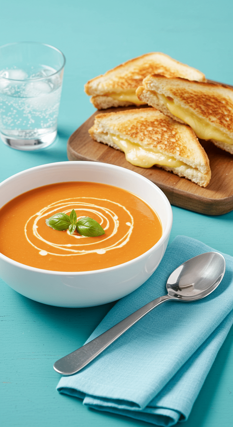 Soupe de tomates crémeuse avec grilled cheese sandwich doré fromage fondant