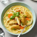 Soupe udon poulet épicé coco crémeuse asiatique fusion bol fumant