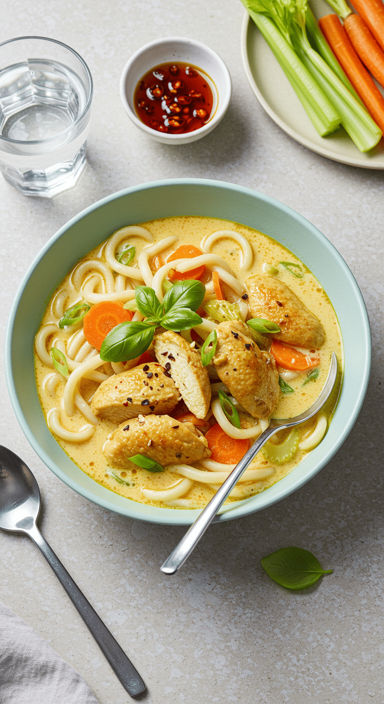 Soupe udon poulet épicé coco crémeuse asiatique fusion bol fumant