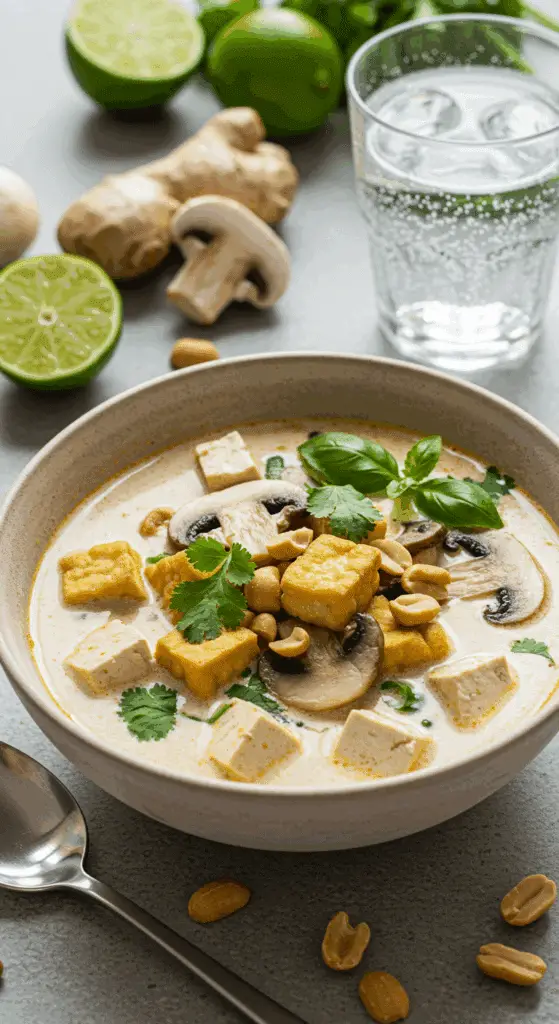 Cubes de tofu et champignons dans soupe Tom Kha crémeuse lait de coco