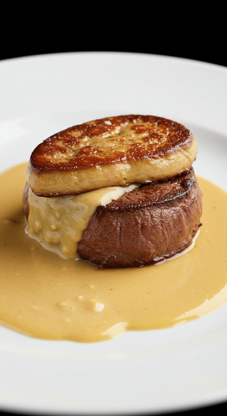 Tournedos sauce foie gras viande rosée médaillon doré sauce crémeuse élégante