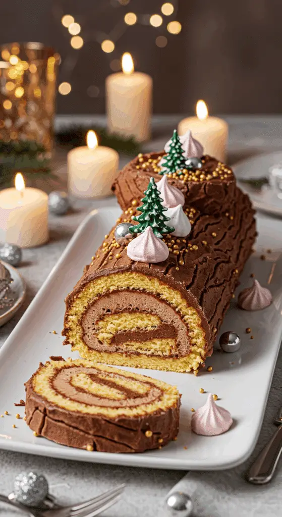 Tranche bûche Noël légère chocolat mousse aérienne assiette