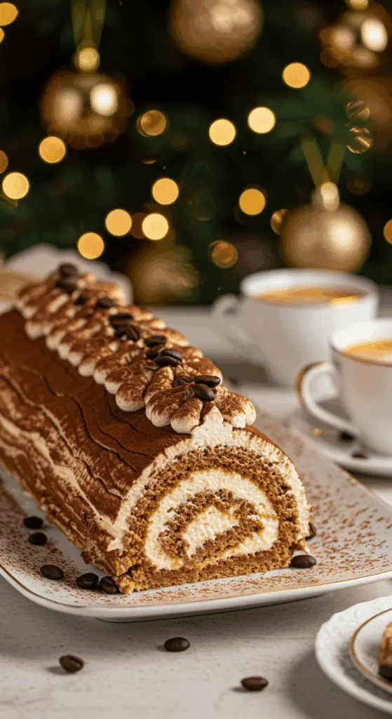 Tranche bûche Tiramisu Noël café mascarpone spirale parfaite assiette porcelaine