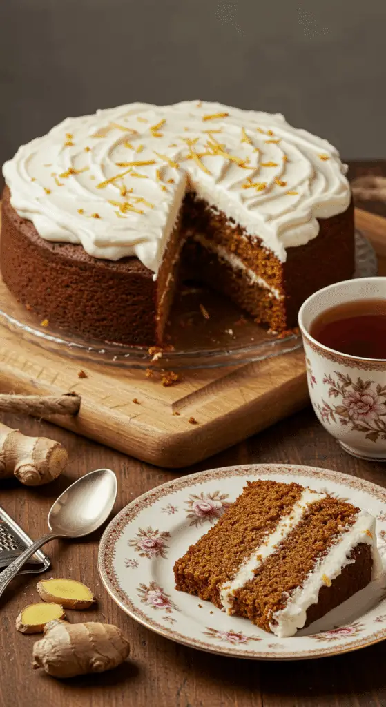 Tranche ginger cake avec glaçage Philadelphia sur assiette vintage avec thé