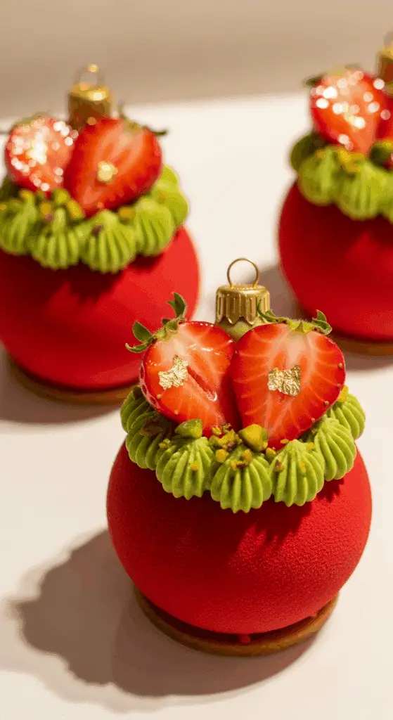 Boules de Noël façon tarte fraises pistache velours rouge décorations blanches