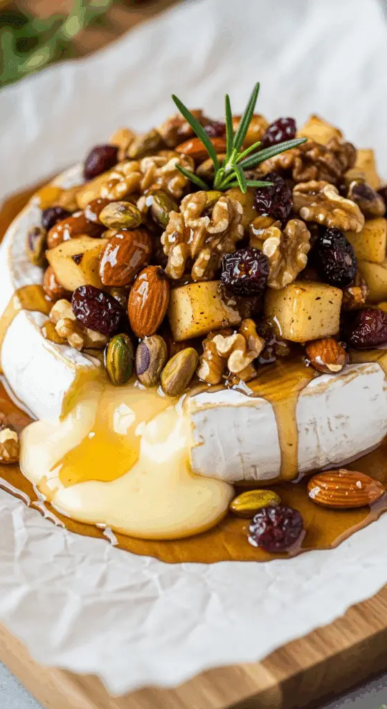 Brie au four garni pommes noix fondant avec sirop érable doré