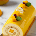 Bûche exotique mangue passion coco glaçage miroir jaune soleil spectaculaire
