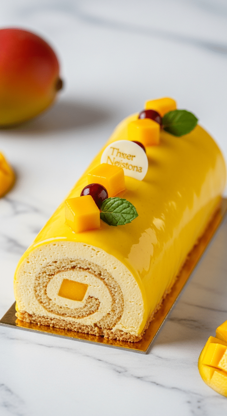 Bûche exotique mangue passion coco glaçage miroir jaune soleil spectaculaire