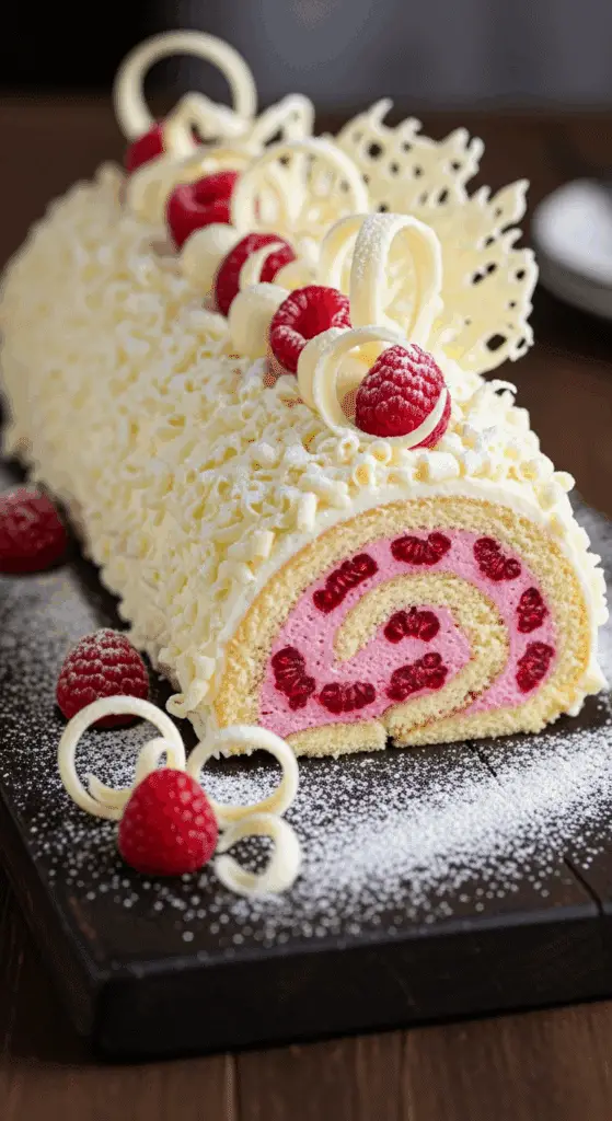 Bûche framboises chocolat blanc ivoire rubis décoration élégante