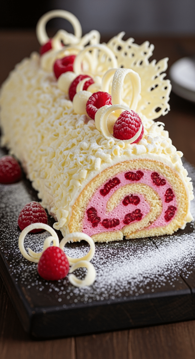 Bûche framboises chocolat blanc ivoire rubis décoration élégante