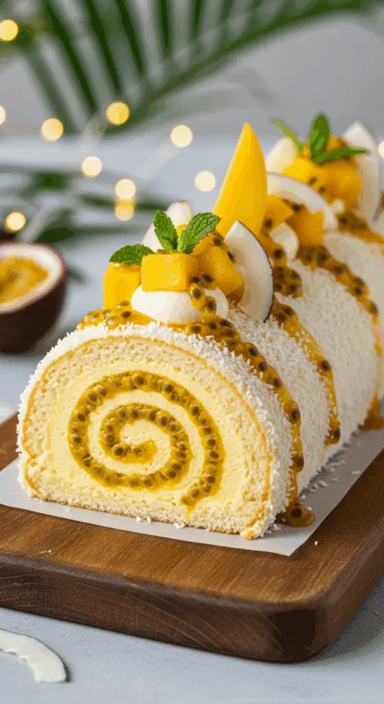 Bûche mangue passion coco dessert tropical Noël élégant
