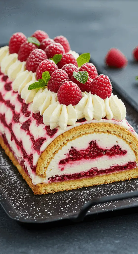 Bûche mascarpone-framboise sans cuisson spirale élégante légère