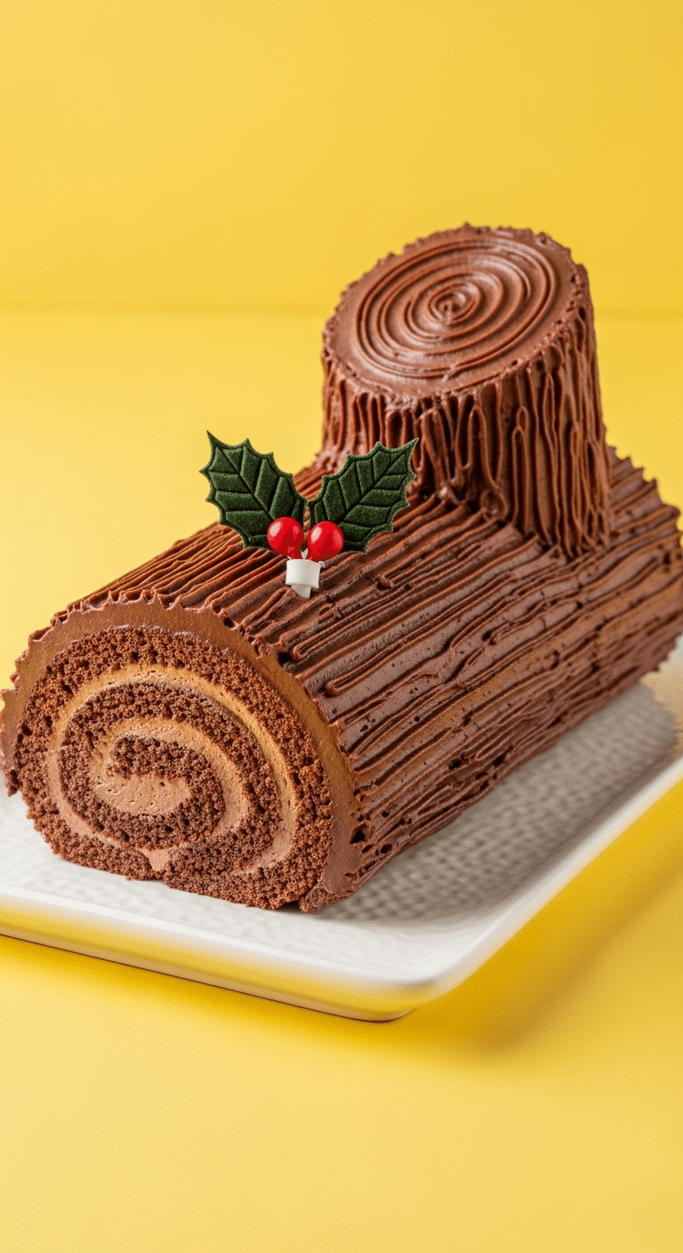 Bûche de Noël au chocolat traditionnelle avec crème fouettée spirale visible