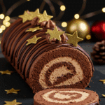 Bûche de Noël roulée au chocolat et noisettes élégante avec ganache pralinée