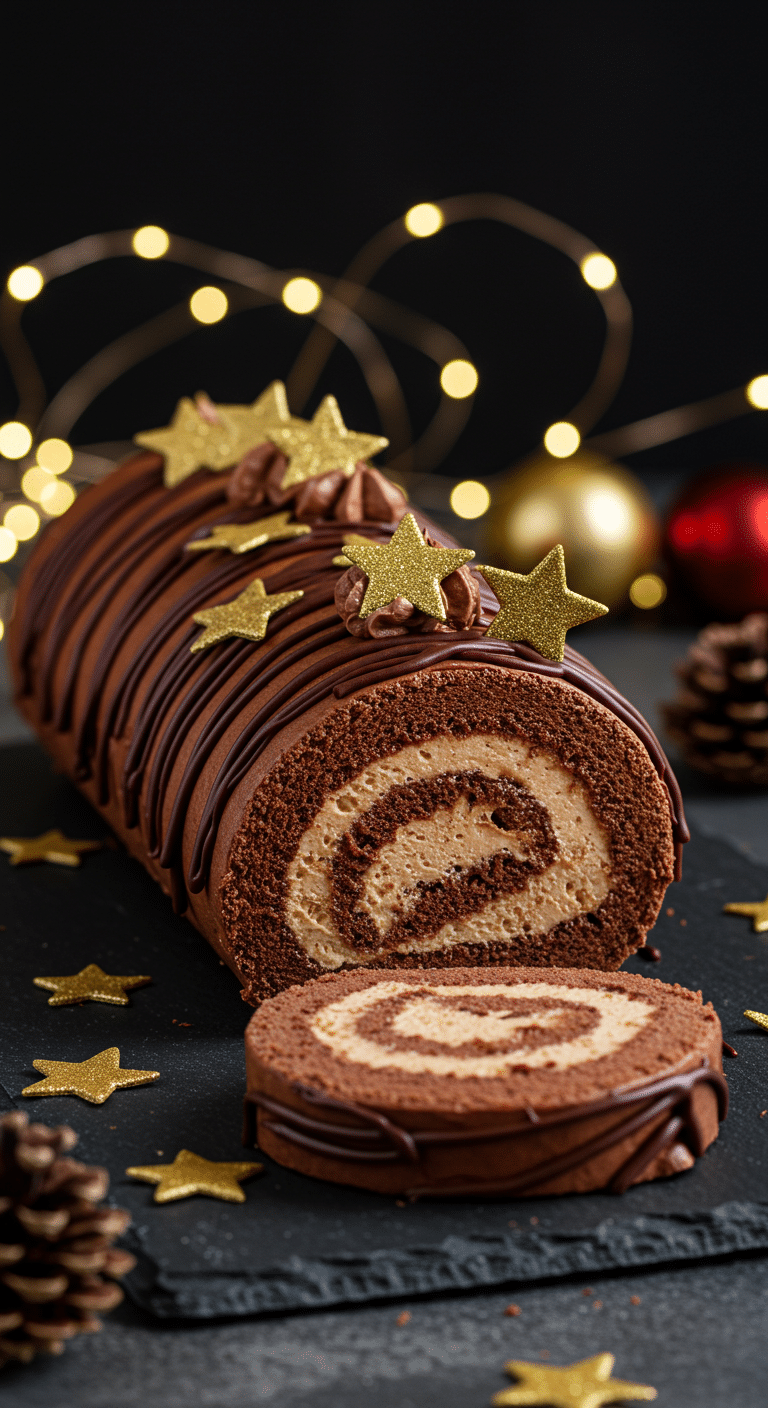 Bûche de Noël roulée au chocolat et noisettes élégante avec ganache pralinée
