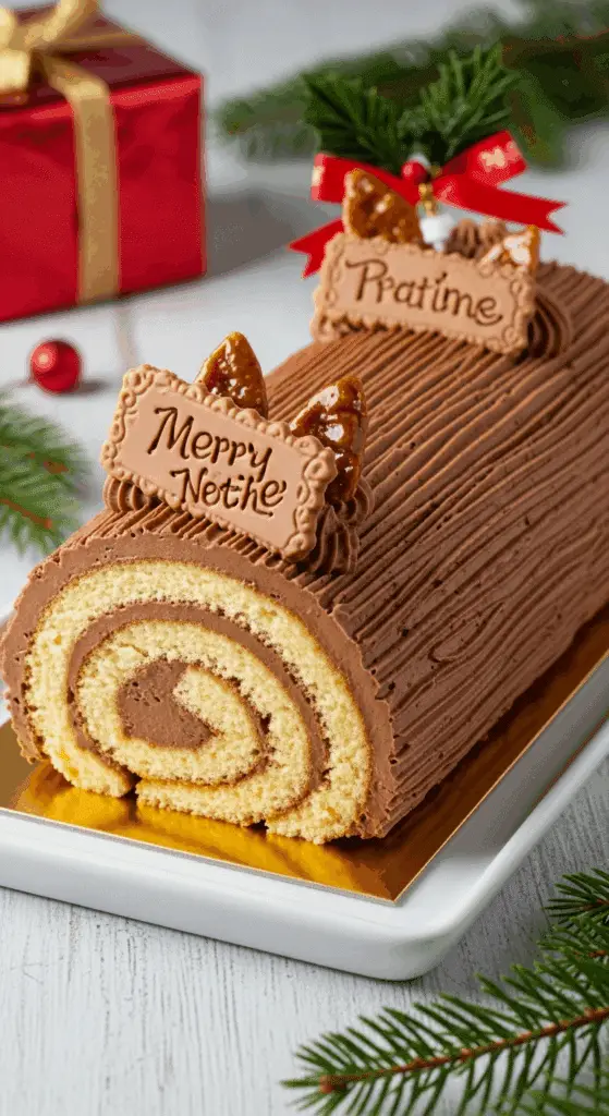 Bûche au praliné nappage chocolat noisettes concassées élégante