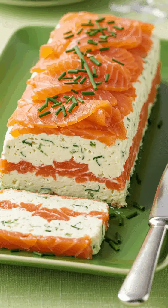 Bûche saumon fromage frais tranché rose blanc crème ciboulette œufs caviar élégante