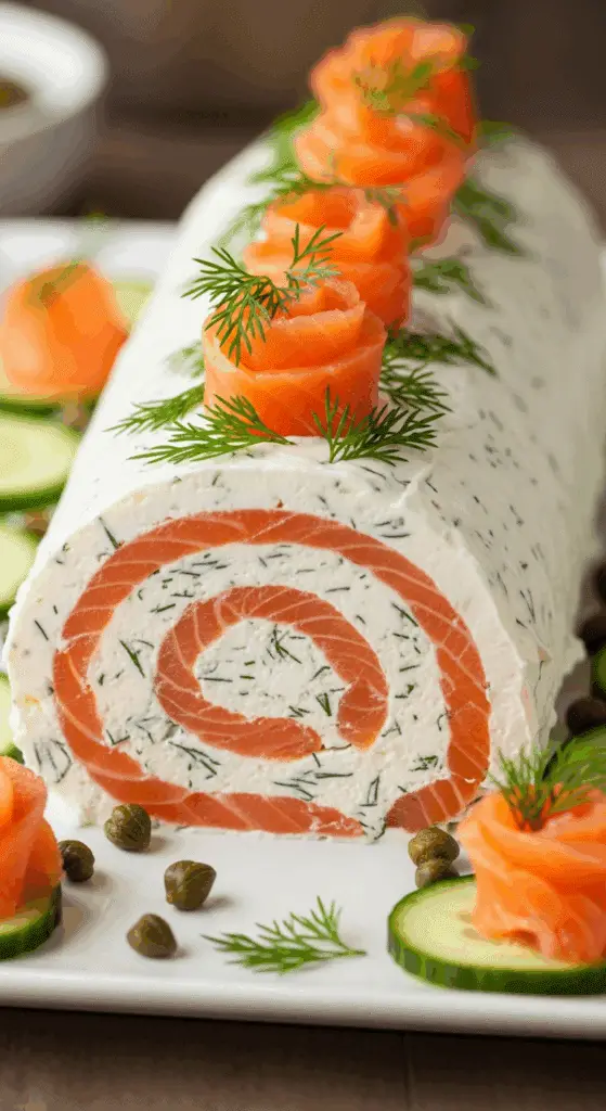 Bûche saumon fumé fromage frais aneth décoration élégante raffinée