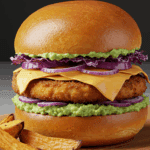 Burger poulet avocat classique maison avec fromage fondu et légumes frais sur planche en bois