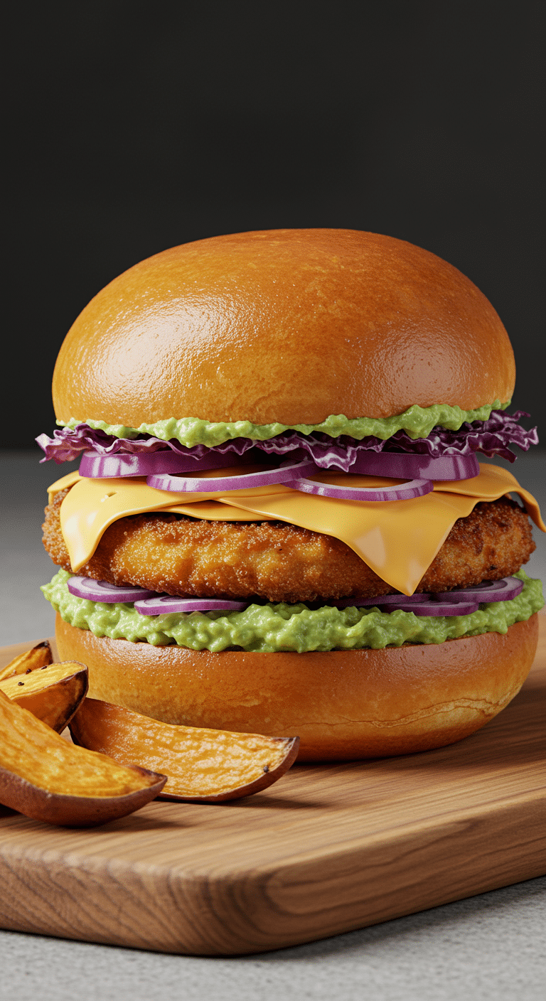 Burger poulet avocat classique maison avec fromage fondu et légumes frais sur planche en bois